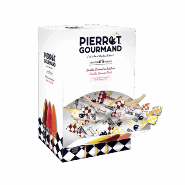 Boîte distributrice 100 sucettes caramel au lait frais - Pierrot Gourmand