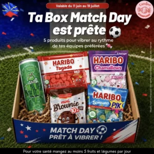 Box Match Day garnie de 5 gourmandises à partager pour les soirées foot : Haribo Tagada Red, Chamallows, Schtroumpfs Pik, mini-brownies Delasheras et maté pétillant Matécito