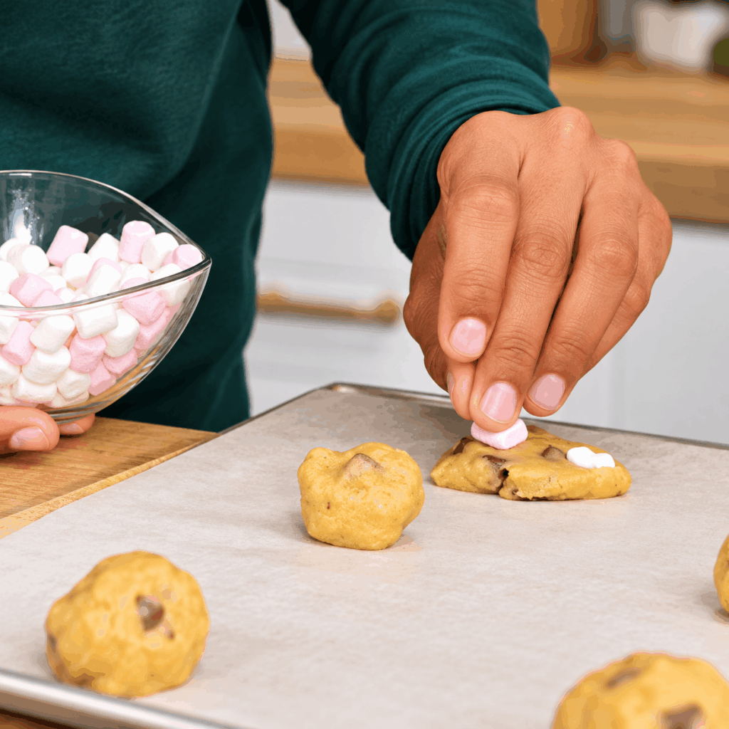 Boules de pâte à cookies garnies de mini chamallows sur une plaque de cuisson