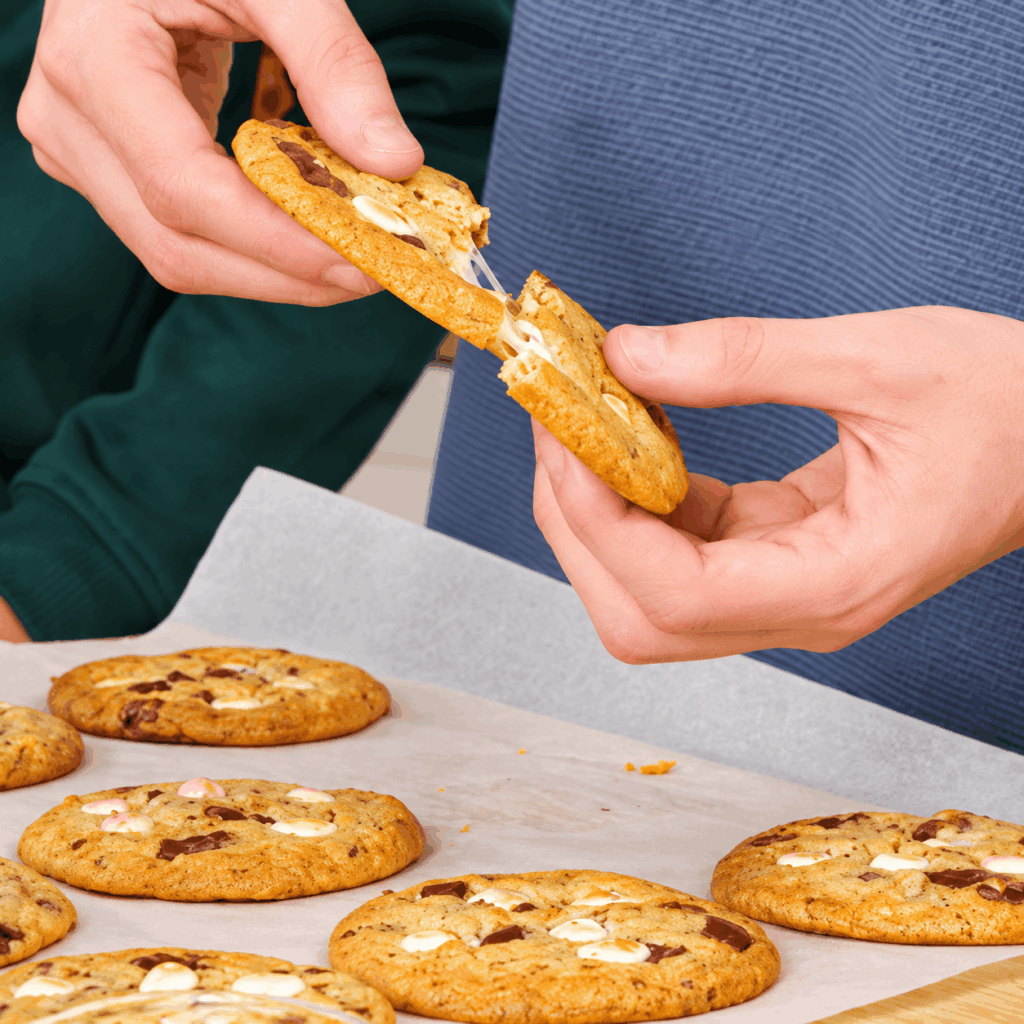 Cookie moelleux coupé en deux montrant son cœur mi-cuit et un chamallow fondant